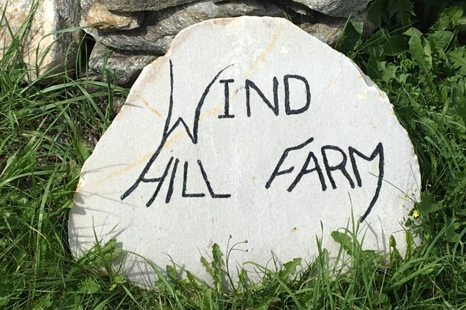a rock inscribed with the words wind hill farm in black letters